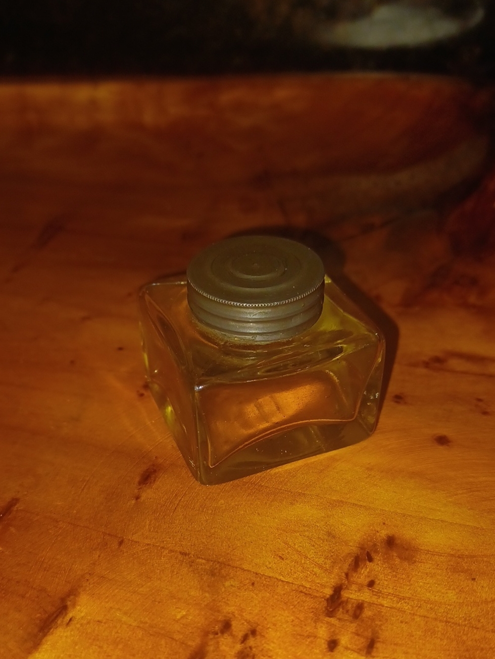 Antique Sun Purple Glass Inkwell Heavy Square Desk Ink Bottle Metal Lid c.1900